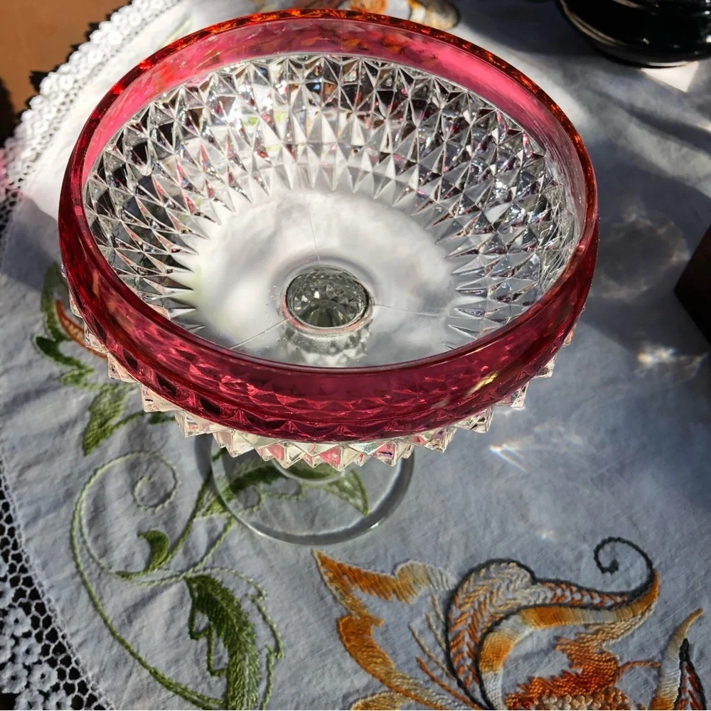 Vintage Indiana Glass Diamond Cut Pedestal Compote Dish. Ruby Flashing. 7.5